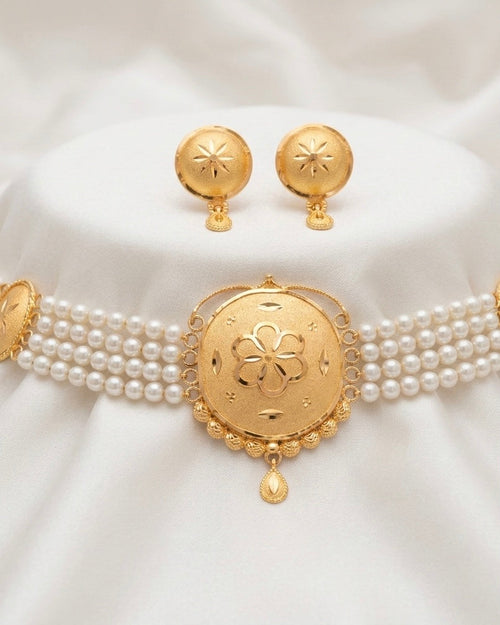 Ahsas Gold Plated Floral Medallion with Pearl Strands Necklace and Earring Set