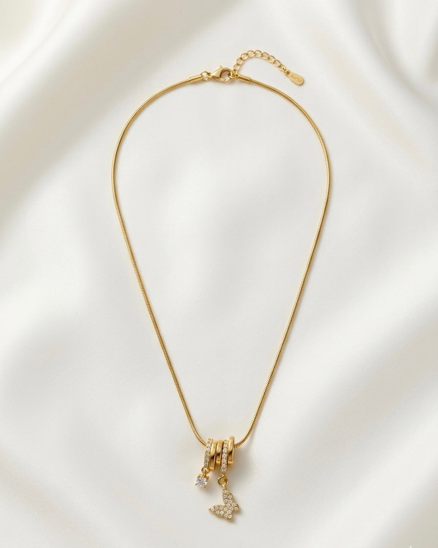 Ahsas Crystal Butterfly & Solitaire Charm Necklace