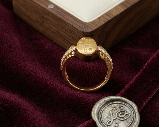 Floral Signet Ring - Gold Plated Engraved Disc with Crystal Pavé Bands