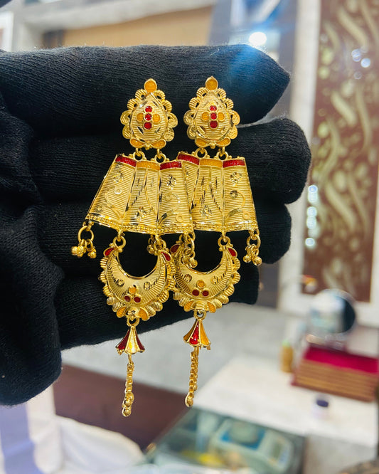22KT Gold Plated Three-Panel Meenakari Chandbali Drop Earrings