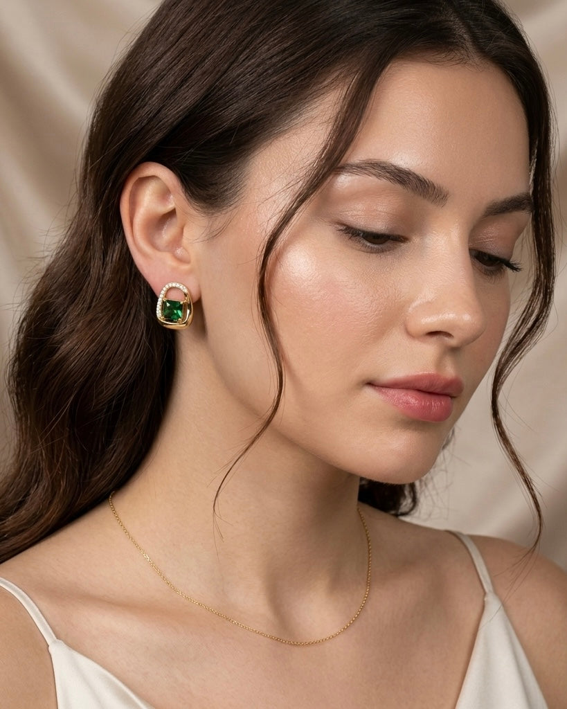 Emerald Green Princess-Cut Crystal Arch Stud Earrings