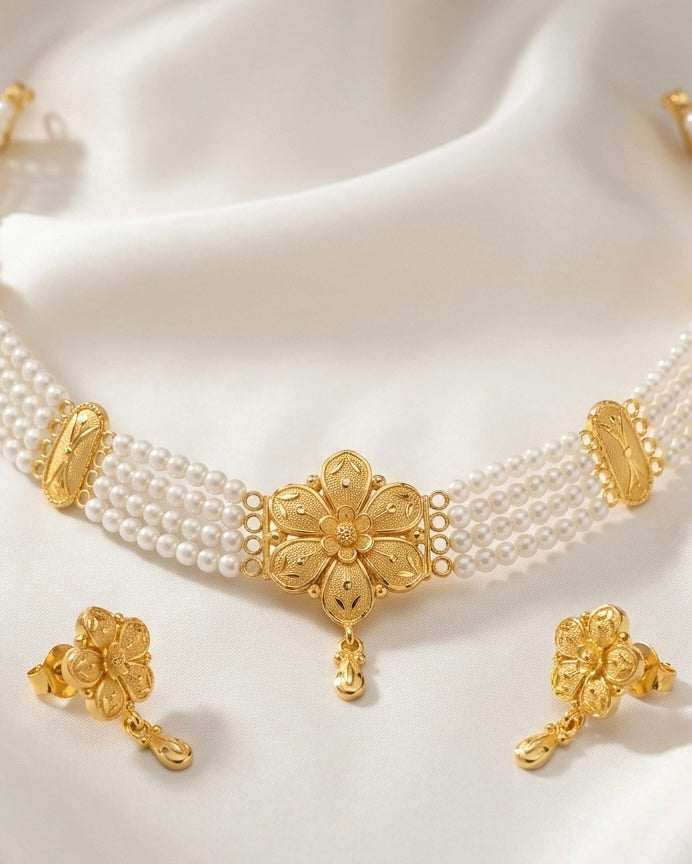 Ahsas Gold Plated Teardrop Petal Flower with Pearl Strands Necklace and Earring Set