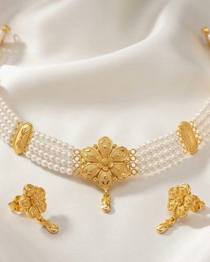 Ahsas Gold Plated Teardrop Petal Flower with Pearl Strands Necklace and Earring Set