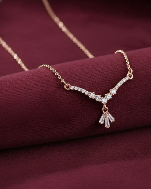 Chevron Crystal Design with Baguette Dangle - Rose Gold Necklace