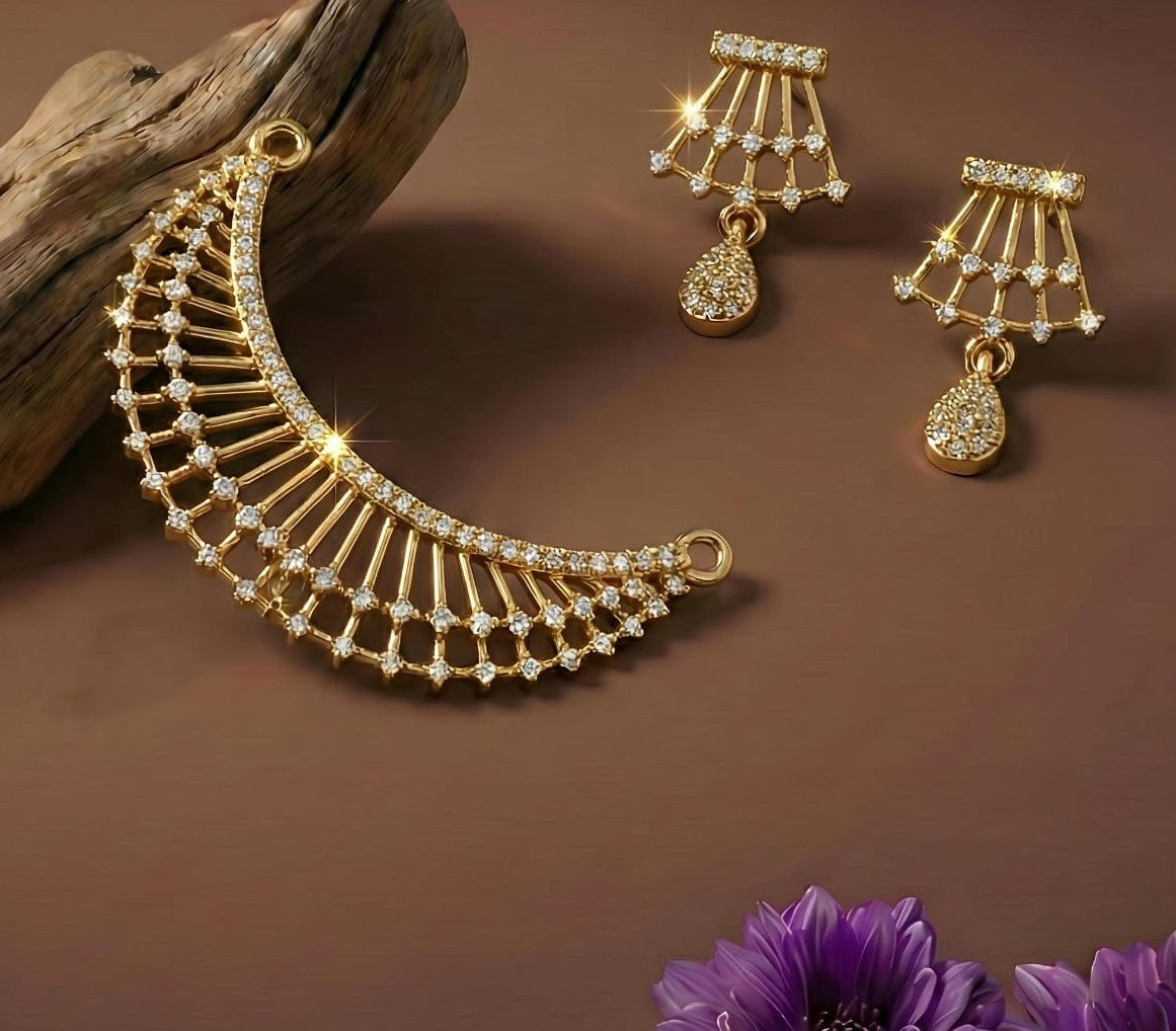 Mangalsutra Set with Earrings - Gold Plated Crystal Fan Design
