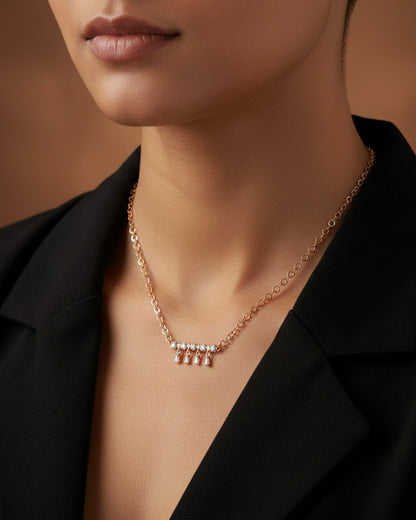Crystal Cluster Bar with Teardrop Fringe Dangles - Rose Gold Necklace