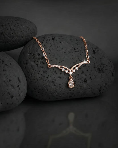 Double Wing Design with Teardrop Crystal Pendant - Rose Gold-Plated Necklace