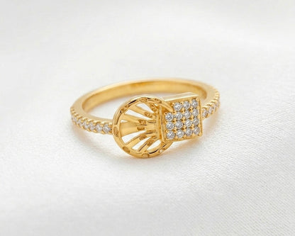 Geometric Circle Ring - Gold Plated Openwork Design with Crystal Pavé Square