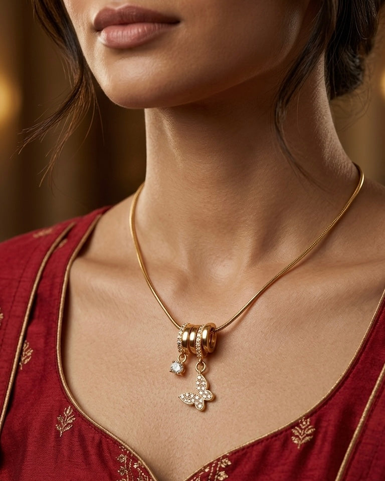 Ahsas Crystal Butterfly & Solitaire Charm Necklace