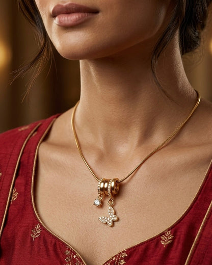 Ahsas Crystal Butterfly & Solitaire Charm Necklace