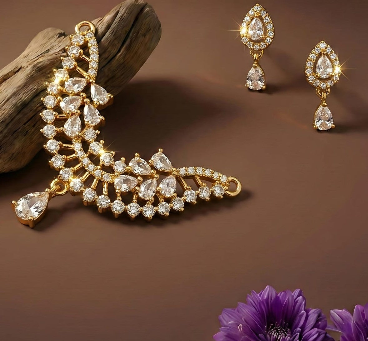 Mangalsutra Set with Earrings - Gold Plated Crystal Crescent Pendant