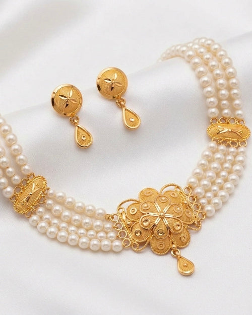 Ahsas Gold Plated Filigree Flower with Pearl Strands Necklace and Earring Set