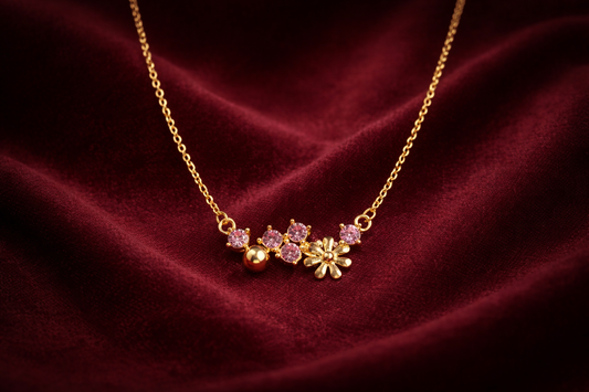Floral Crystal Bar Necklace - Gold Plated Pink Crystal Charm