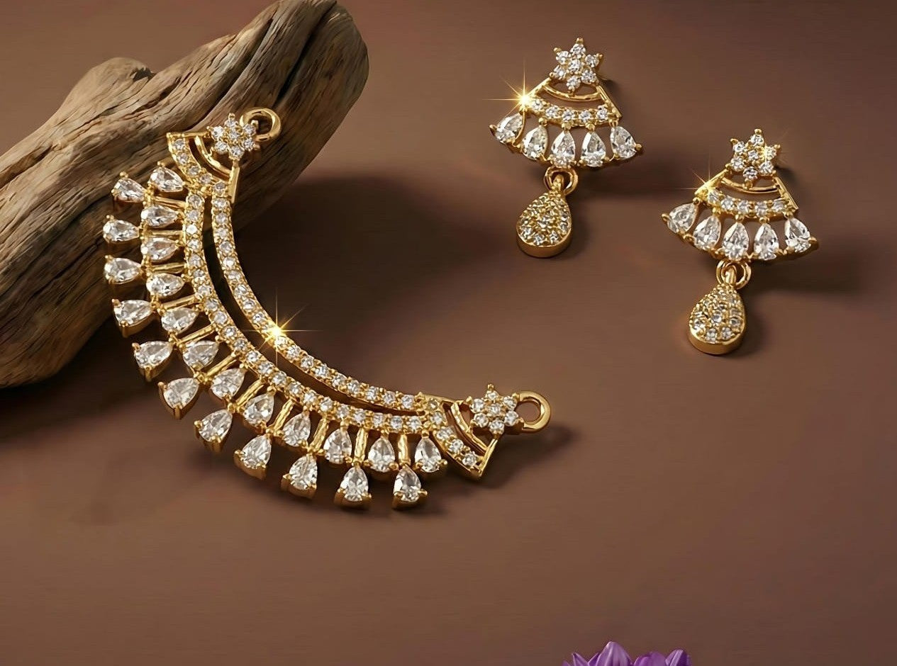 Gold Plated Crystal Star & Teardrop Design - Mangalsutra Set with Earrings