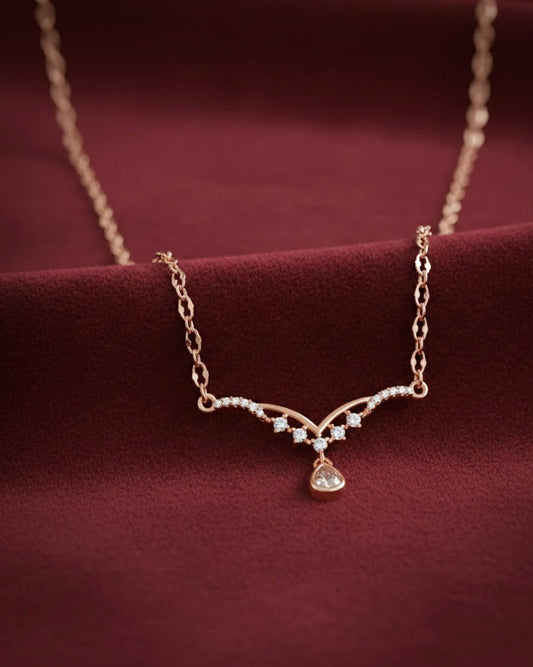 Double Wing Design with Teardrop Crystal Pendant - Rose Gold-Plated Necklace