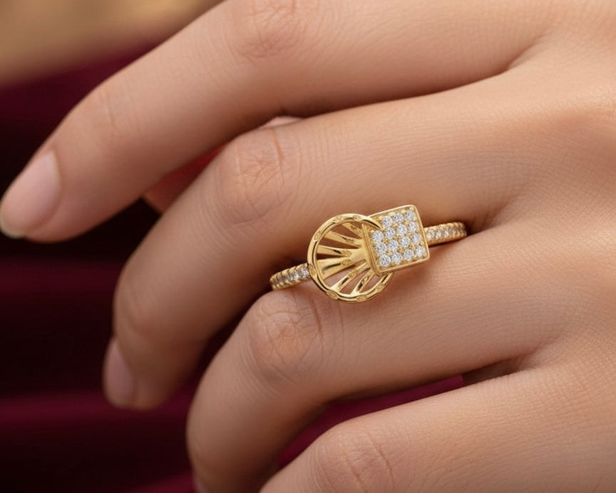 Geometric Circle Ring - Gold Plated Openwork Design with Crystal Pavé Square