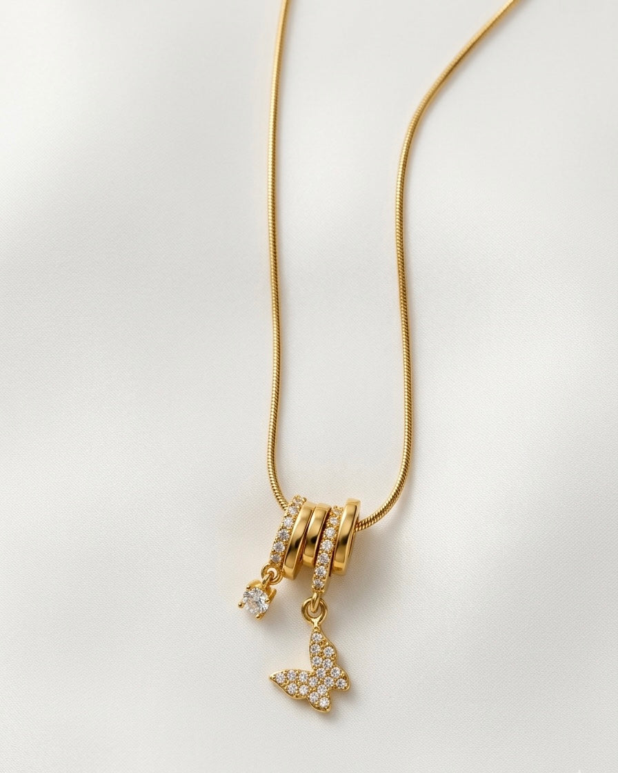 Ahsas Crystal Butterfly & Solitaire Charm Necklace