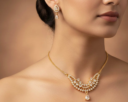 Mangalsutra Set with Earrings - Gold Plated Crystal Crescent Pendant