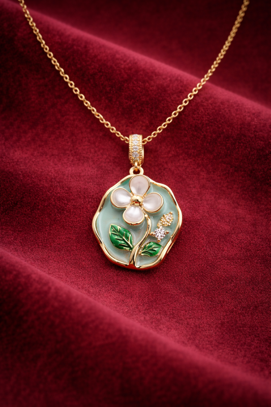Floral Pearl Pendant Necklace - Gold Plated Enamel Garden Design