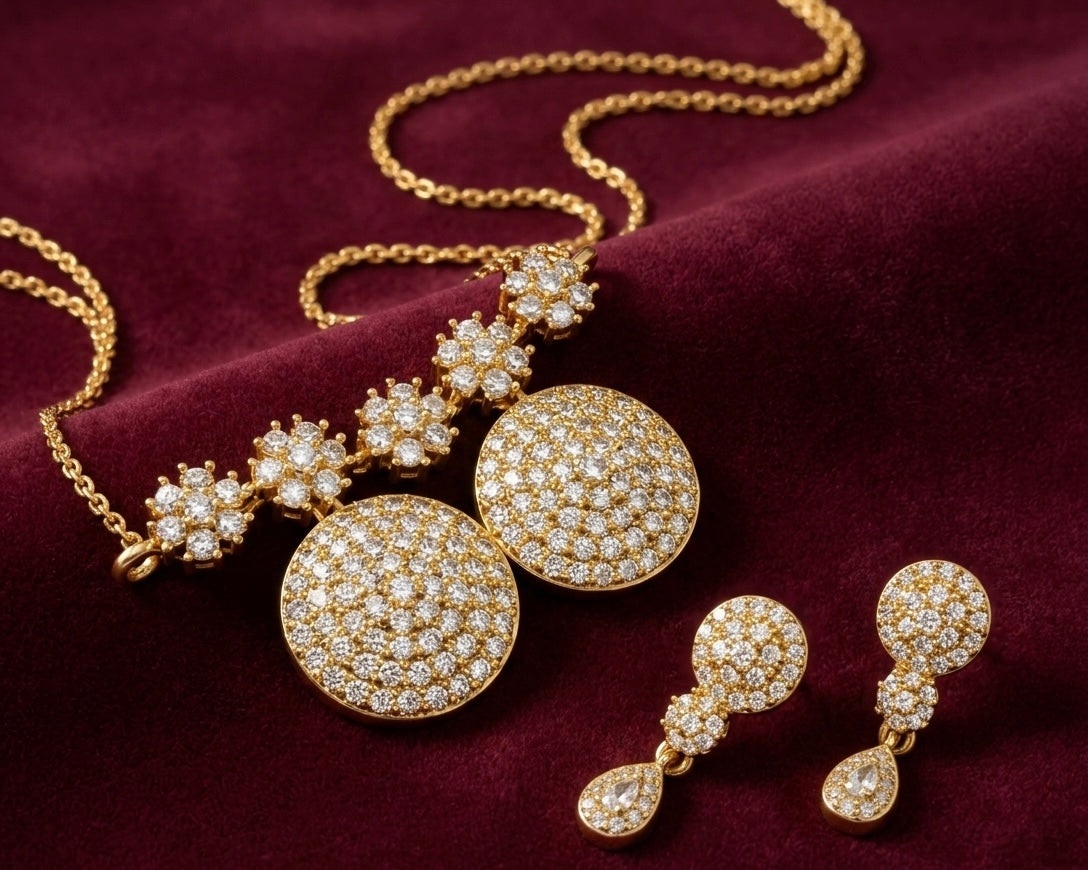 Mangalsutra Set with Earrings - Gold Plated Crystal Pavé Circular Design