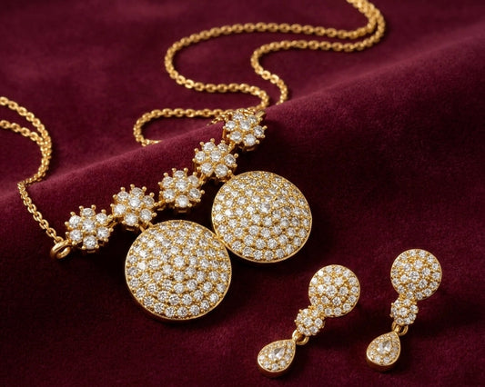Mangalsutra Set with Earrings - Gold Plated Crystal Pavé Circular Design