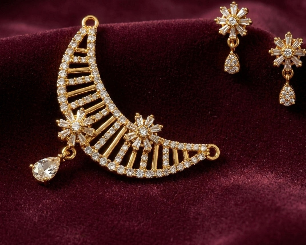 Gold Plated Starburst Ladder Design - Mangalsutra Set with Earrings