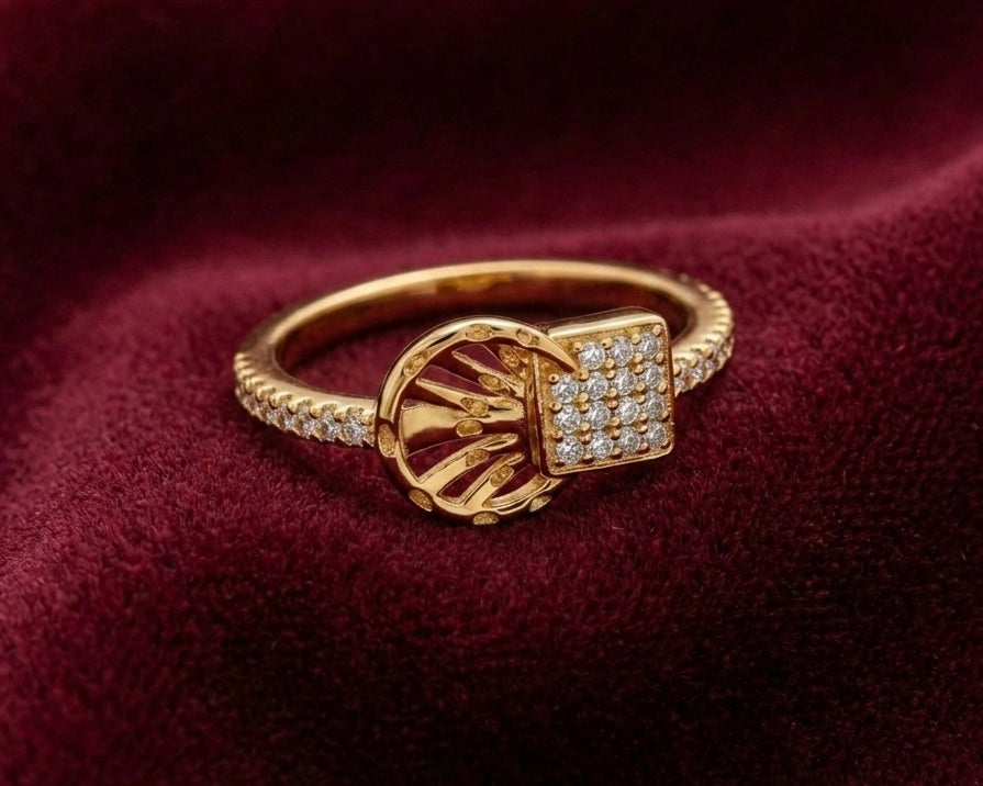 Geometric Circle Ring - Gold Plated Openwork Design with Crystal Pavé Square