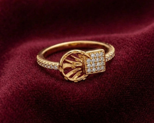 Geometric Circle Ring - Gold Plated Openwork Design with Crystal Pavé Square