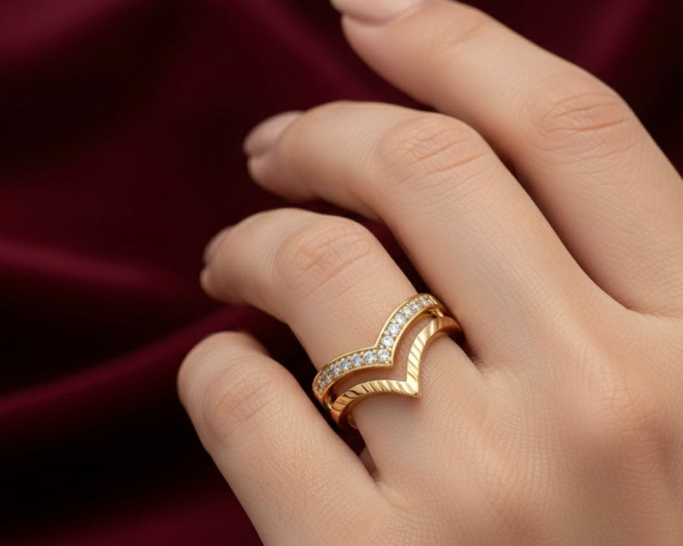 Chevron Ring - Gold Plated Crystal Pavé V-Shape Design