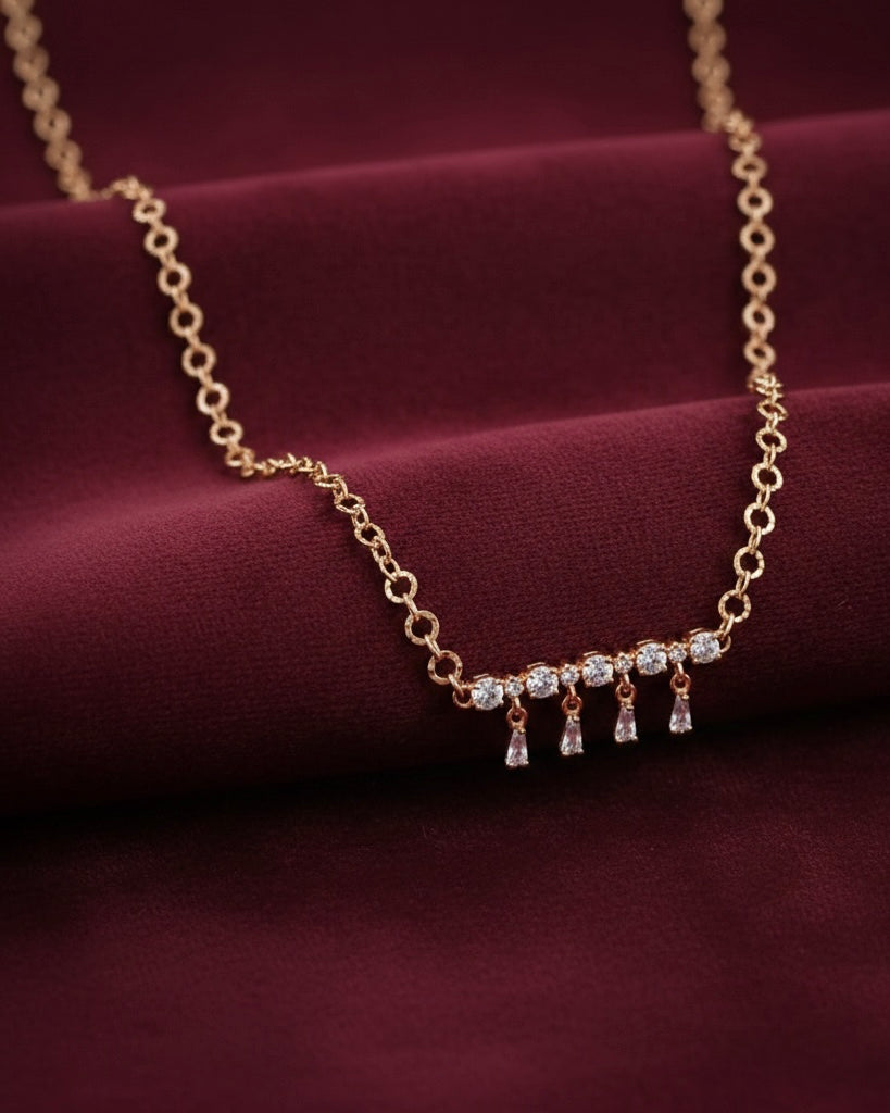 Crystal Cluster Bar with Teardrop Fringe Dangles - Rose Gold Necklace