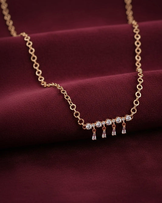 Crystal Cluster Bar with Teardrop Fringe Dangles - Rose Gold Necklace