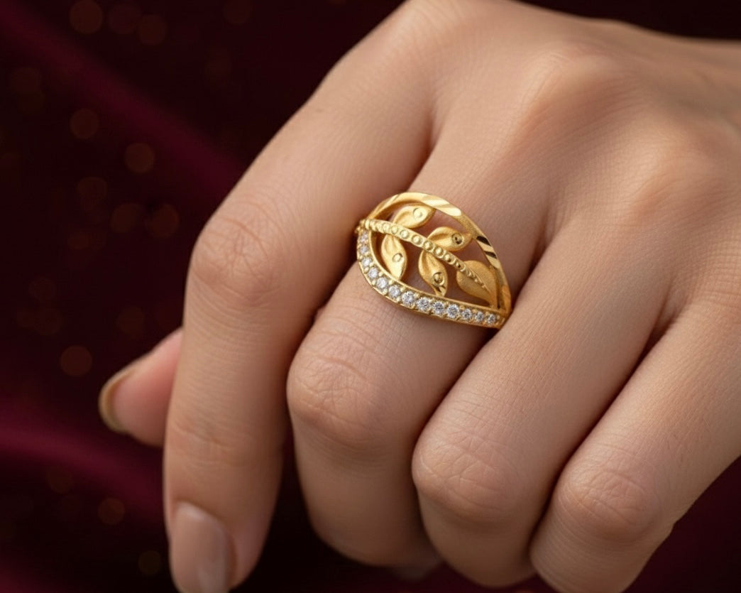 Leaf Dome Ring - Gold Plated Openwork Design with Crystal Pavé Accent