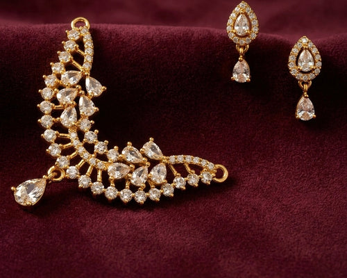 Mangalsutra Set with Earrings - Gold Plated Crystal Crescent Pendant