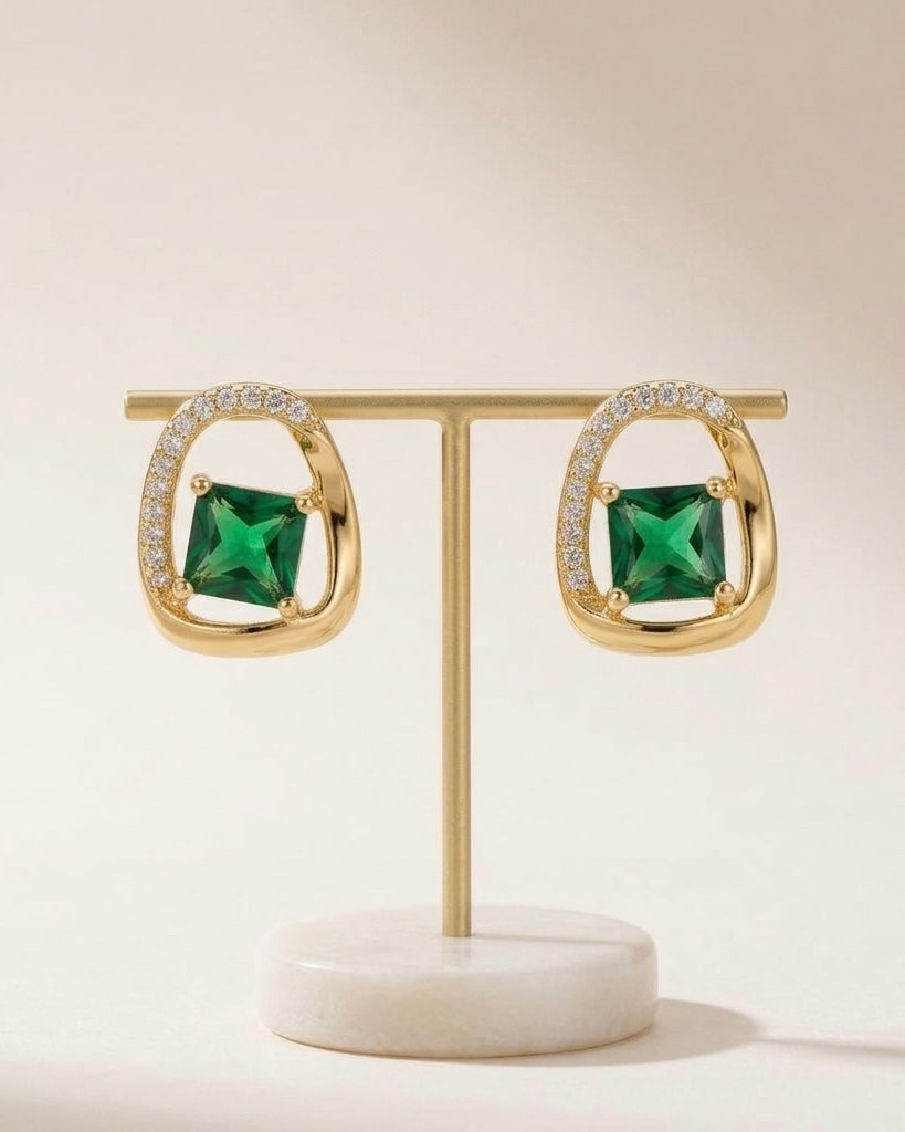 Emerald Green Princess-Cut Crystal Arch Stud Earrings