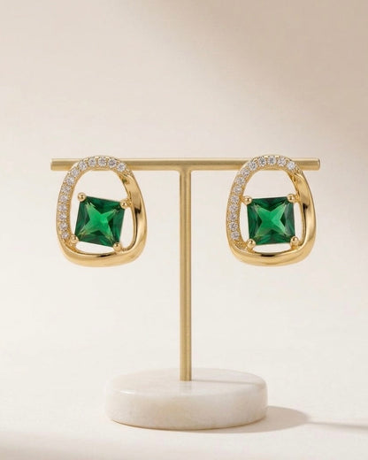 Emerald Green Princess-Cut Crystal Arch Stud Earrings