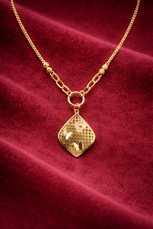 Textured Diamond Pendant Necklace - Gold Plated Mixed Chain Design