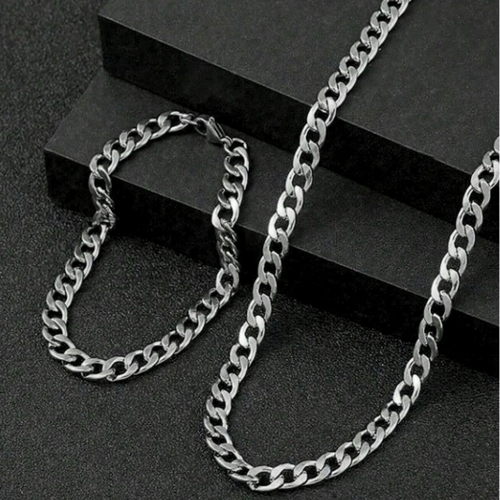 Silver Stainless Steel Curb Chain & Bracelet Combo For Men