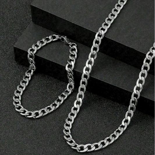 Silver Stainless Steel Curb Chain & Bracelet Combo For Men