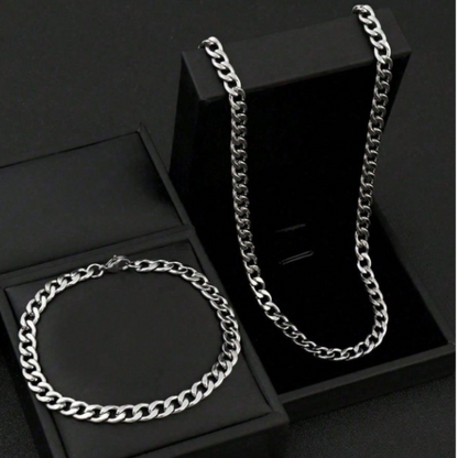 Silver Stainless Steel Curb Chain & Bracelet Combo For Men