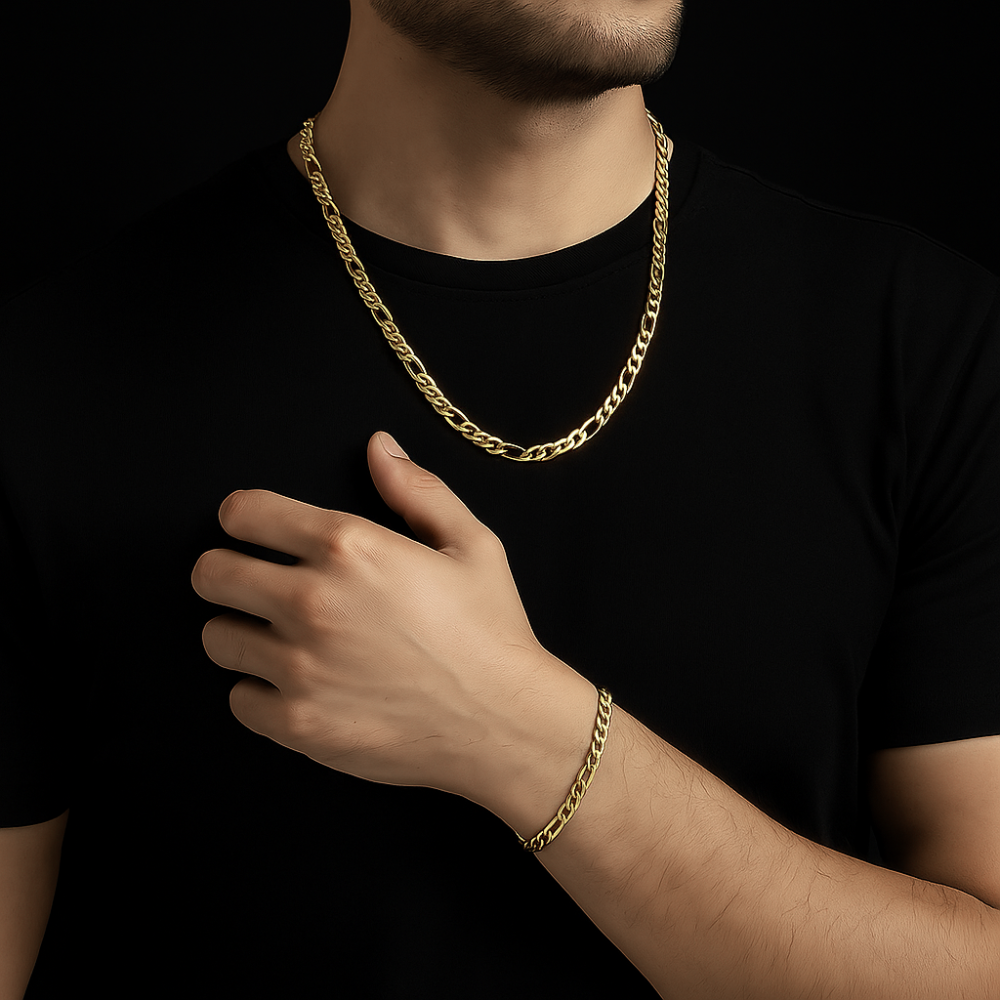 Gold- Plated Figaro Chain & Bracelet Set for Men