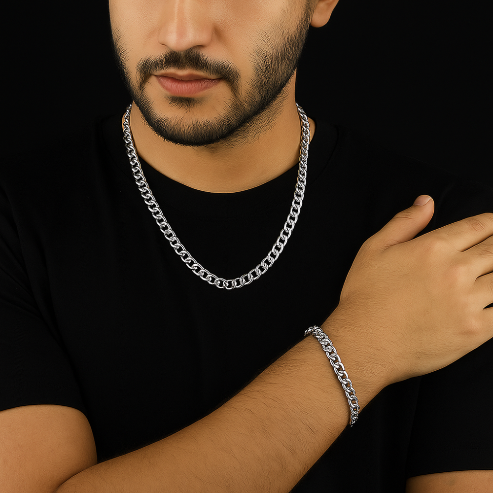 Silver Stainless Steel Curb Chain & Bracelet Combo For Men