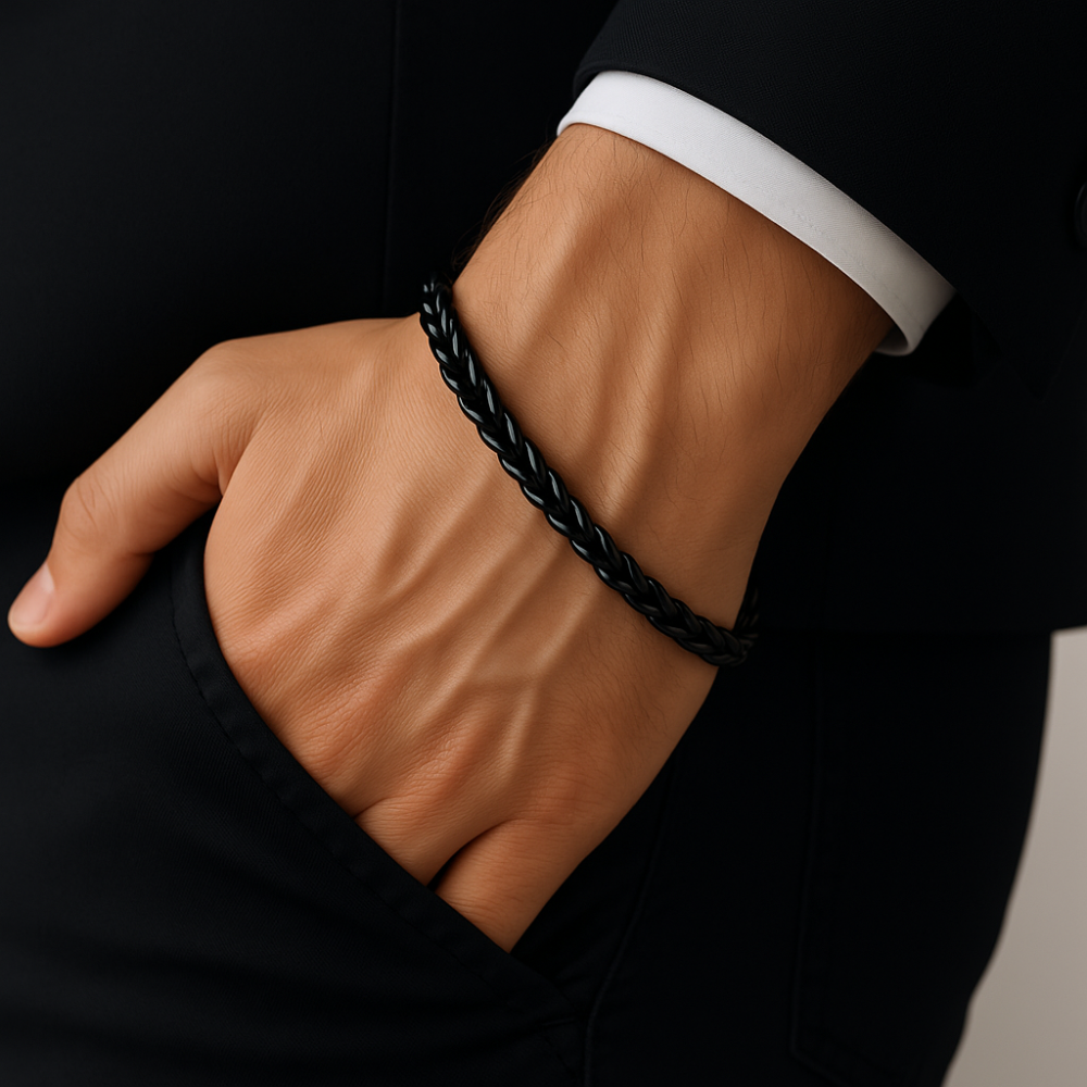 Black Round Wheat Stainless Steel Bracelet For Men (8.5 Inch)