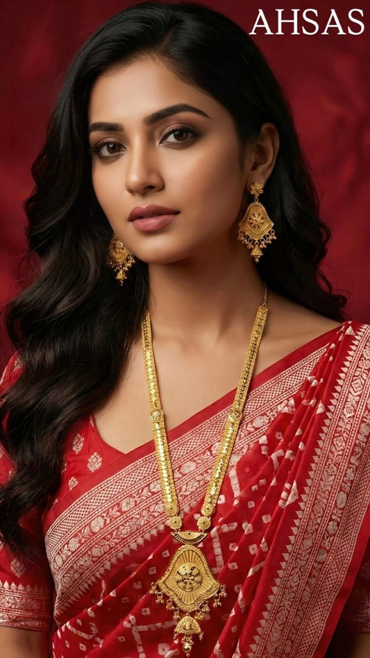 Long Necklace Set with Earrings - Gold Plated Traditional Pendant with Ball Drops