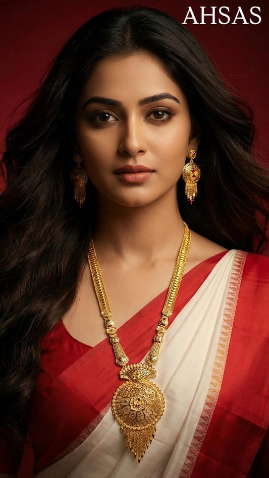 Long Necklace Set with Earrings - Gold Plated Circular Pendant with Tassel