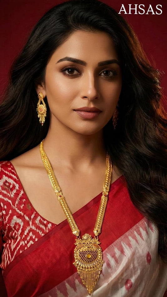 Long Necklace Set with Earrings - Gold Plated Textured Pendant with Fringe Tassel