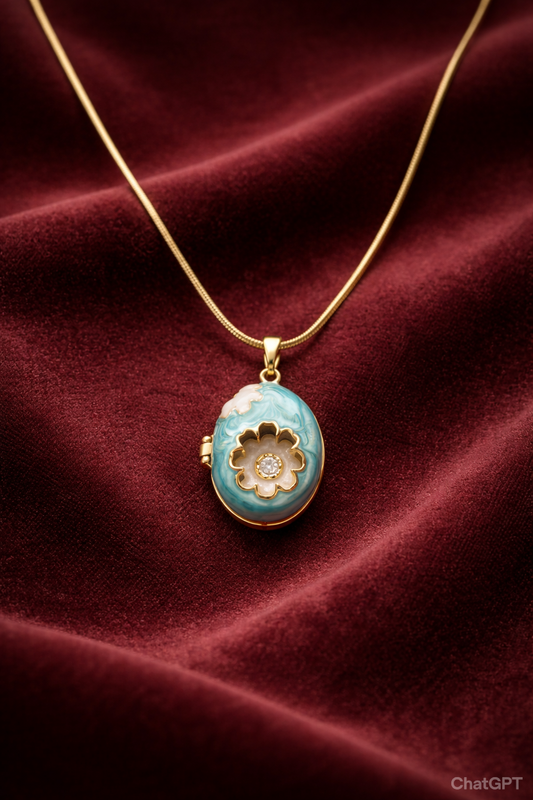 Turquoise Flower Locket Necklace - Gold Plated